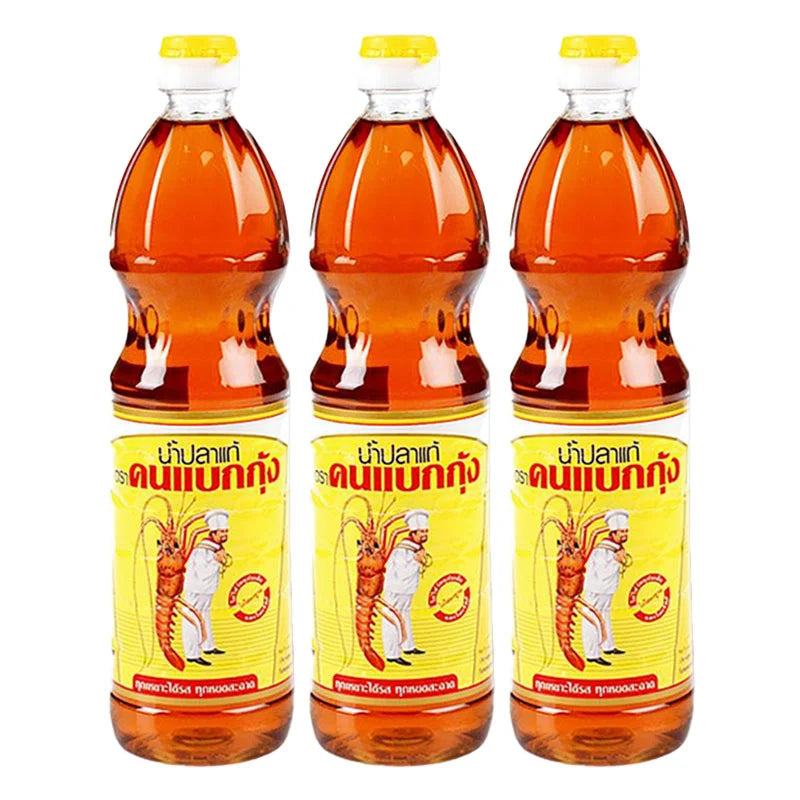 Three 700 mL bottles of COOK&LOBSTER Fish Sauce in clear PET bottles with red caps, labeled with product details.
