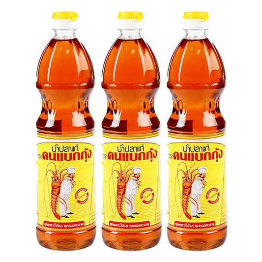 Three 700 mL bottles of COOK&LOBSTER Fish Sauce in clear PET bottles with red caps, labeled with product details.