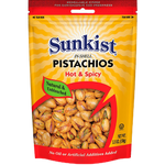 Sunkist Hot & Spicy Pistachios in a bowl, showing roasted pistachios coated with spicy seasoning, part of confectionery snacks.