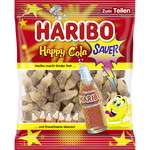 Haribo Happy Cola Gummies in colorful candy form, chewy confectionery snacks with cola flavor on a white background.