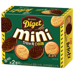 Orion Diget Mini Choco Biscuit pack showing small chocolate biscuits with crunchy texture, in a colorful snack package.