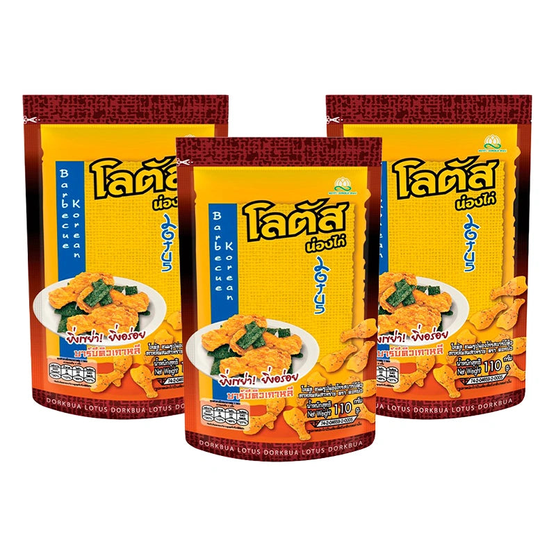 LOTUS Biscuit Stick BBQ Korean snack, 110g pack, showing crispy biscuit sticks with BBQ flavor in a colorful package