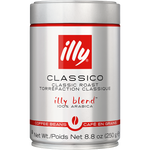 Illy medium roast coffee beans in a glass jar, showcasing their rich brown color and fresh, whole bean appearance.