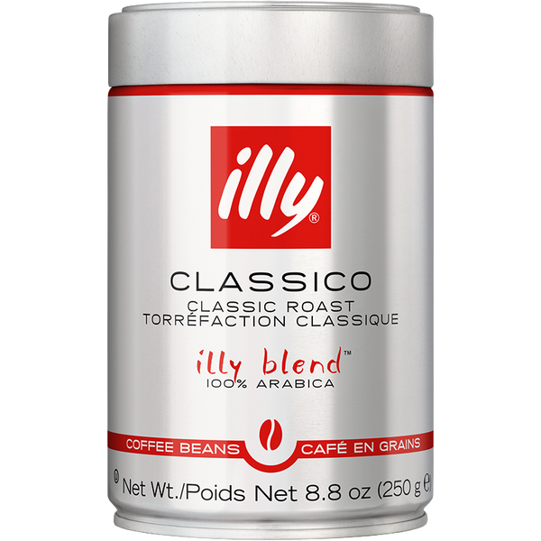 Illy medium roast coffee beans in a glass jar, showcasing their rich brown color and fresh, whole bean appearance.