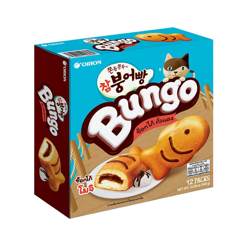 Orion Soft Cake chocolate and red bean snack, 348g, with a close-up of the individually wrapped treats showing the packaging.