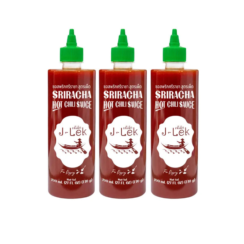 Three 820g bottles of J-LEK Sriracha Chili Sauce with spicy flavor, featuring red sauce in clear glass bottles.