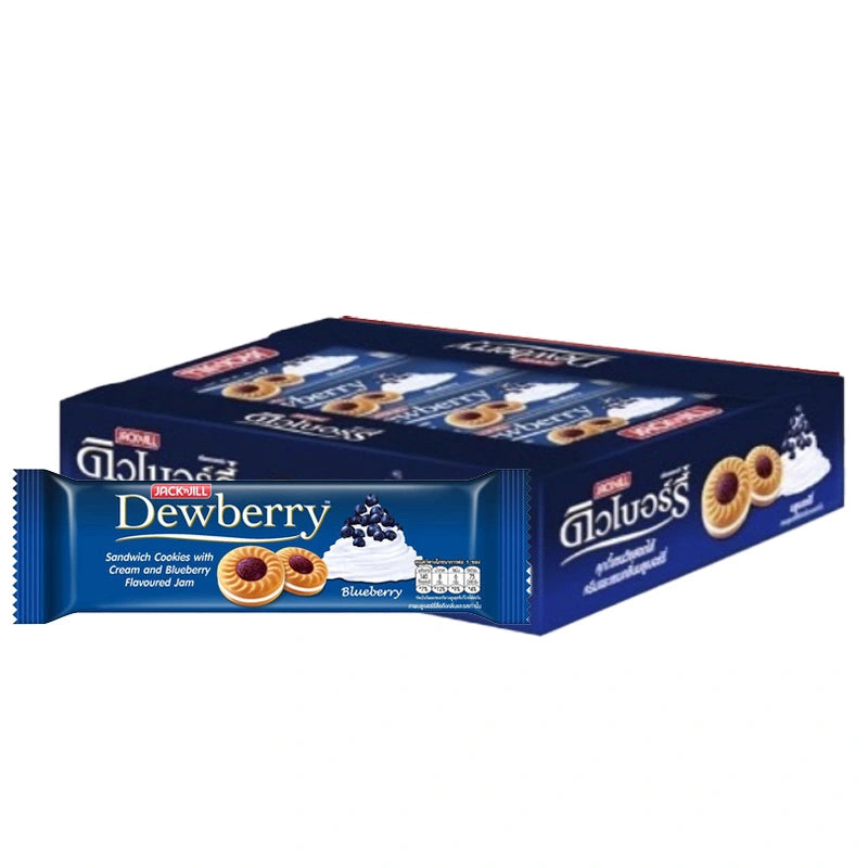 Dewberry Blueberry Cookies 27g pack with 12 pieces, showing blueberry-flavored cookies with blueberry pieces on top.