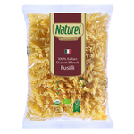 Organic Durum Wheat Fusilli pasta from Naturel Organic, shown in a clear image highlighting the curly, spiral shape of the pasta.