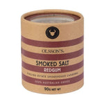 OLSSON'S Dry Redgum Smoked Salt 90g jar, fine smoked seasoning for culinary use, in clear glass container with label.