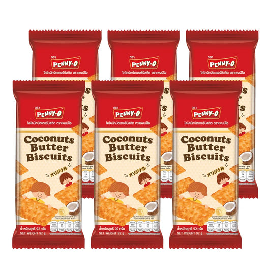 PENNYO Coconut Butter Biscuits in a 92g package, shown in a six-pack box with golden coconut-flavored biscuits.