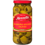 Mezzetta jalapeno stuffed olives in a jar, showcasing green olives filled with spicy jalapeno peppers, ideal for healthy snacking.