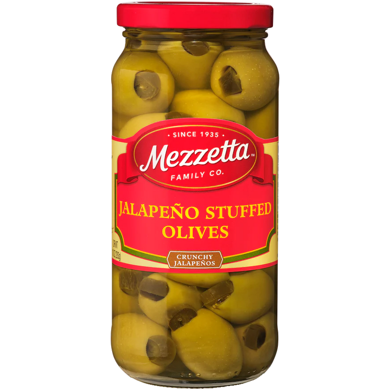 Mezzetta jalapeno stuffed olives in a jar, showcasing green olives filled with spicy jalapeno peppers, ideal for healthy snacking.