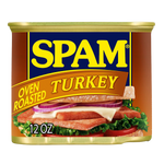 Cans of SPAM Oven Roasted Turkey in a grocery store display, showing the product label and packaging.