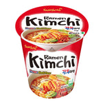 Samyang Kimchi Ramen Cup, instant Korean noodle soup with spicy kimchi flavor, in a plastic cup ready for cooking.