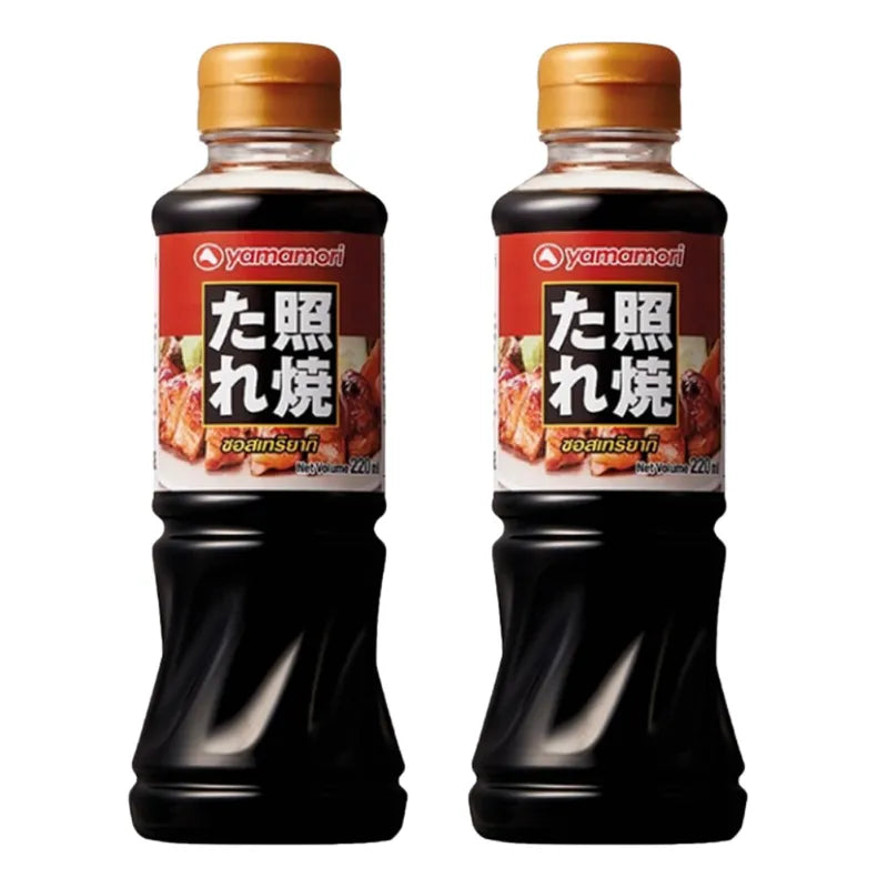 YAMAMORI Teriyaki Sauce in 220 ml bottles, featuring rich, glossy sauce with Japanese branding and packaging design.