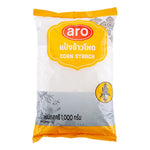Aro Corn Starch 1kg in a white plastic bag, used for cooking and baking, shown in a close-up shot.