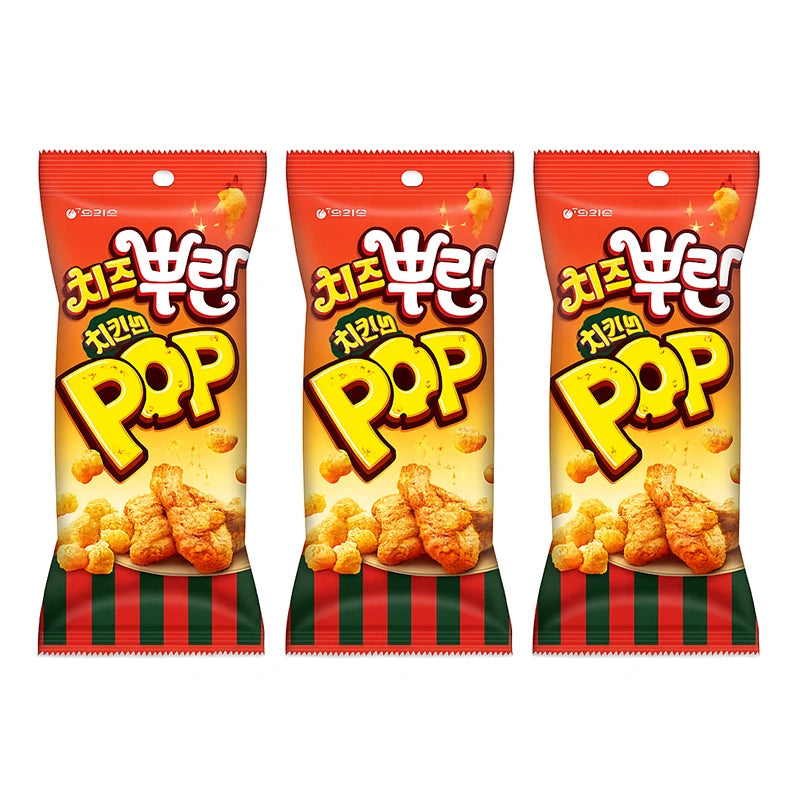 Orion Chicken Pop Cheese snack packs, 81g each, with crispy breaded chicken pieces and melted cheese filling.