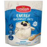 Linwoods Original Energy Overnight Oats in a bowl with fresh berries and nuts, ready to eat, showcasing the nutritious breakfast product.