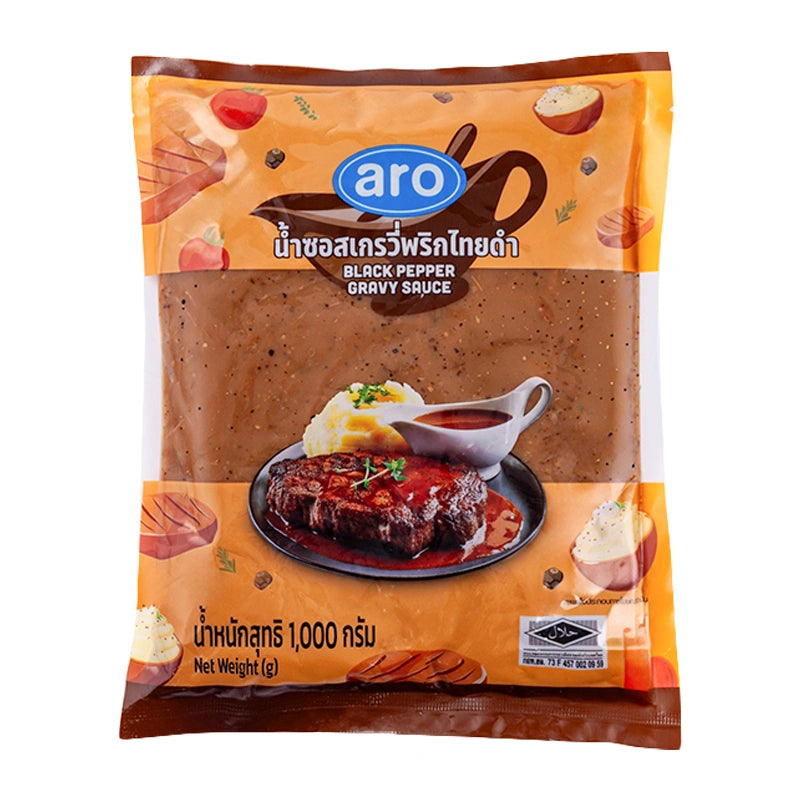 A jar of ARO Black Pepper Gravy Sauce 1 kg, showing the label and lid on a white background.