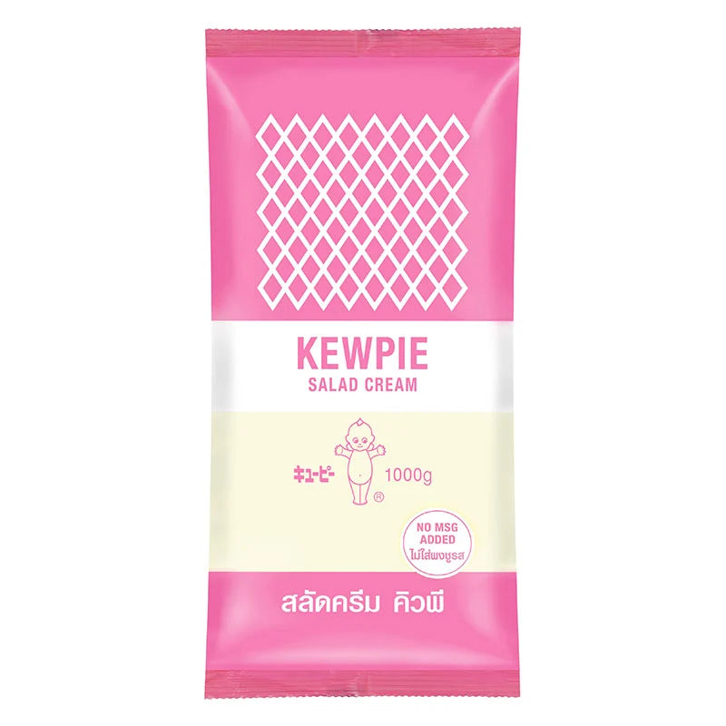 Kewpie Salad Cream 1 kg bottle with white label and red cap, front view showing product branding and packaging details.