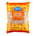 A bag of ARO Split Cashew Nuts, 2kg, dry grocery product with visible split cashews in a clear package.