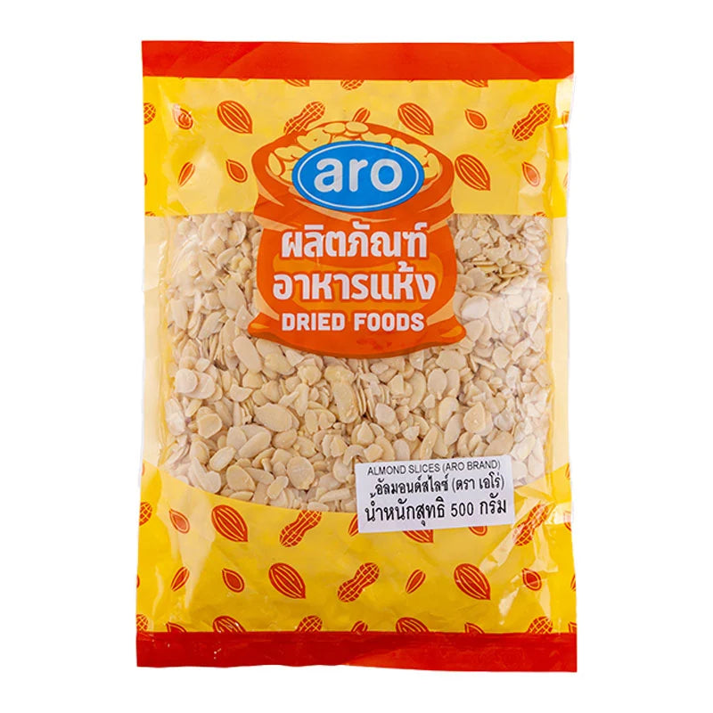A close-up of ARO sliced almond seeds in a 500g package, showing the sliced almond pieces with a light brown color.