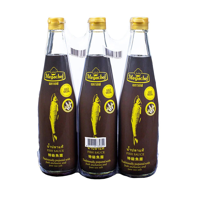 Three 700ml bottles of MEGACHEF Fish Sauce, showing the dark liquid and label on each plastic bottle.