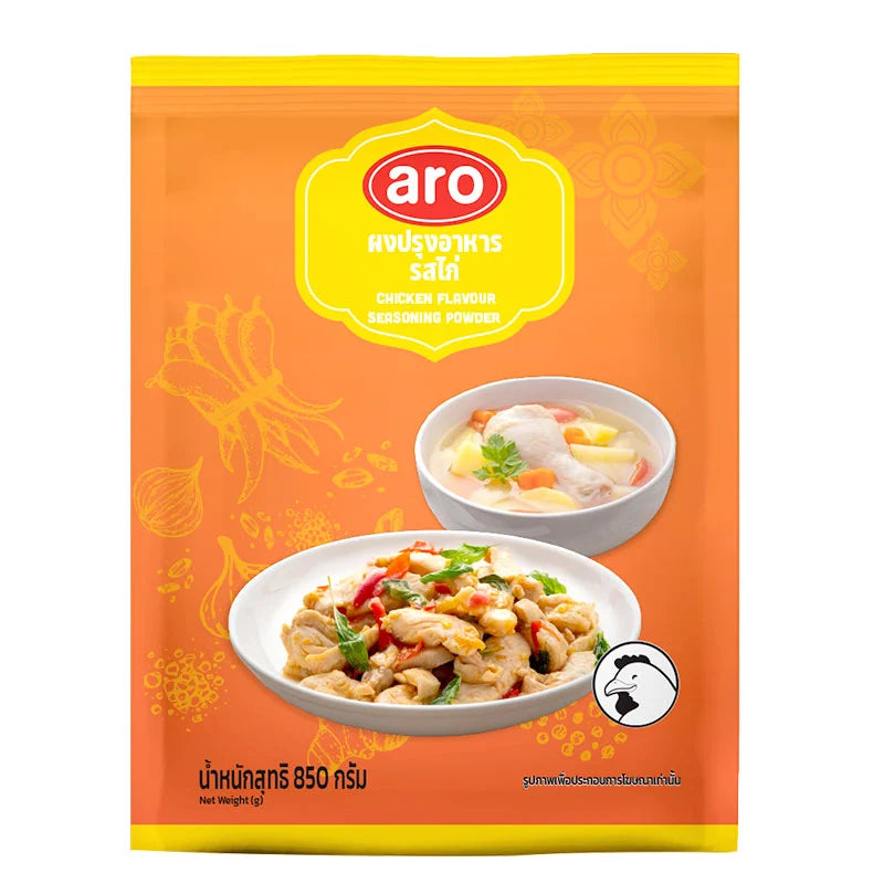 ARO Chicken Flavored Seasoning Powder in an 850g package, showing the spice blend and packaging label.