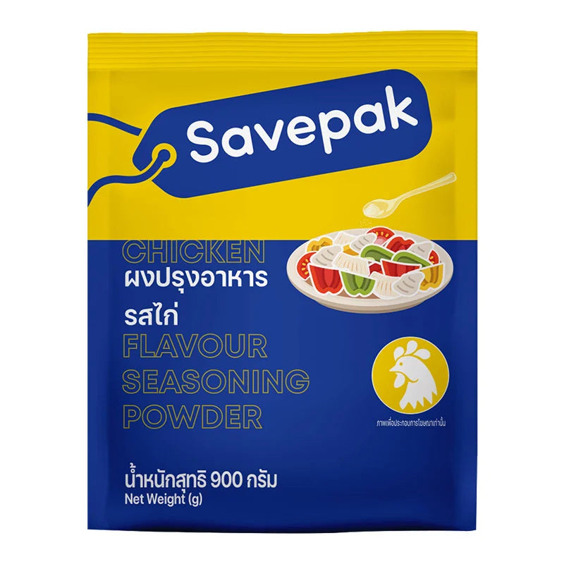 SAVEPAK Chicken Powder 900g jar with label showing chicken flavor seasoning and brand logo, front view.