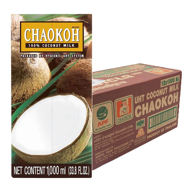 Chaokoh coconut milk 1L carton, packaged in a set of 12, showing the white milk container with branding and product label.