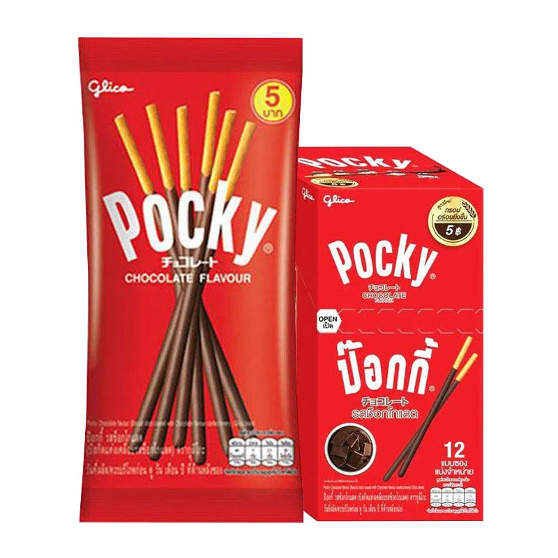 Pack of 12 POCKY Chocolate biscuit sticks, 10g each, featuring crispy biscuit covered in chocolate.
