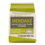 Mendake Green Noodle 900g pack, dry grocery product with vibrant green noodles displayed in a clear bag.