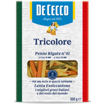 De Cecco Penne Rigata Tricolore No.41 uncooked pasta in colorful striped packaging, showcasing the Italian grocery product.