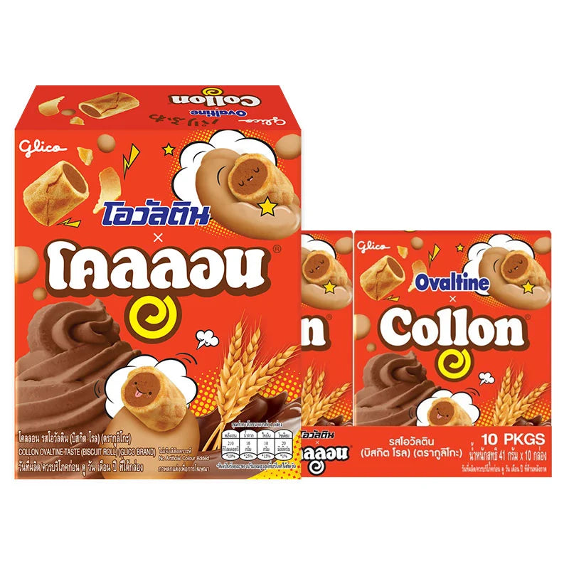 COLLON Ovaltine Biscuit Roll 41g pack, showing multiple individually wrapped chocolate-flavored biscuit rolls.