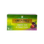 Twinings Green Tea with Forest Fruits in a cup, showcasing the herbal tea blend with fresh fruit pieces and vibrant green color.