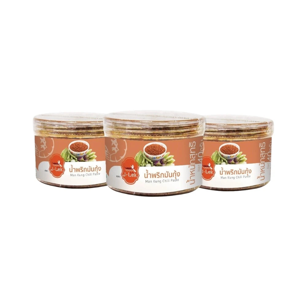 Three 40g jars of J-LEK Shrimp Fat Chili Paste in plastic jars, showcasing the colorful labels and product packaging.