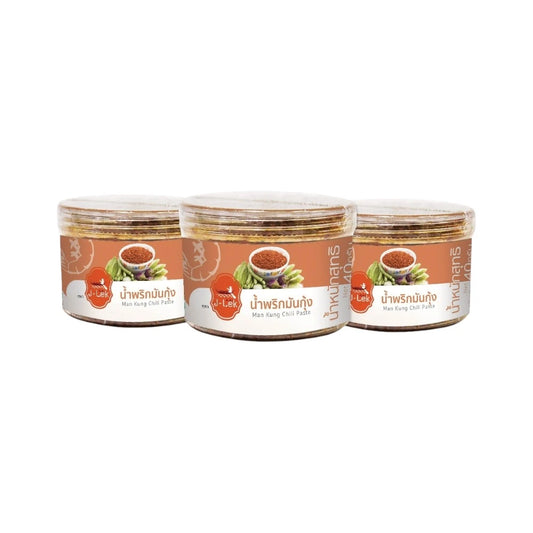 Three 40g jars of J-LEK Shrimp Fat Chili Paste in plastic jars, showcasing the colorful labels and product packaging.