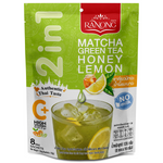 A glass of Ranong Tea Instant Matcha Honey drink showing vibrant green matcha with honey swirl in a clear glass.