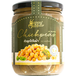 Canned Happy Mate chickpeas in water, ready for cooking or salad, with label showing product details and brand name.
