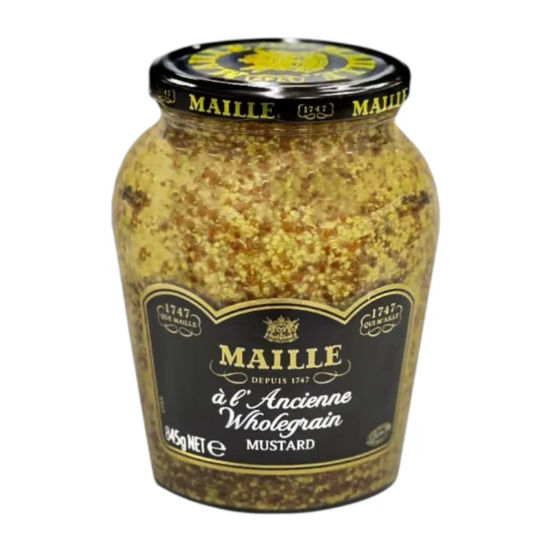 Maille Wholegrain Mustard jar showing textured mustard with visible wholegrain seeds in a glass jar.
