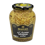 Jar of Maille Wholegrain Mustard in a glass container with a yellowish-brown mustard visible inside.