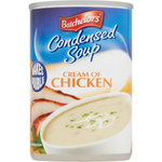 Canned Batchelors Cream of Chicken Soup in a white can, grocery product with a label featuring chicken and creamy soup imagery.