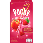 Glico Pocky Crushed Fruits Strawberry confectionery snacks with biscuit sticks coated in strawberry-flavored crushed fruit topping.