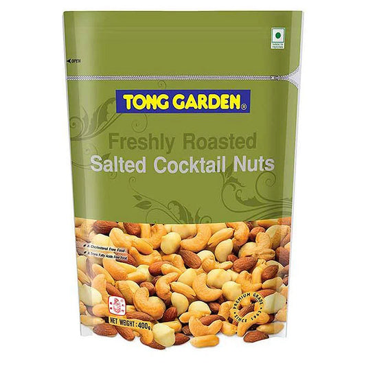 TONG GARDEN Cocktail Nut mix in a 400g package, showing a colorful assortment of roasted mixed nuts on a white background.