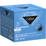 Cellini Espresso Decaffeinato coffee capsules, sleek black packaging with six capsules arranged in a row, ready for brewing.