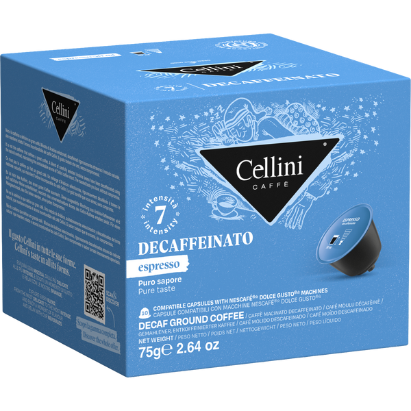 Cellini Espresso Decaffeinato coffee capsules, sleek black packaging with six capsules arranged in a row, ready for brewing.