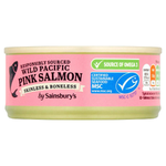 Sainsbury's pink salmon fillet, skinless and boneless, fresh grocery seafood product on a white background.