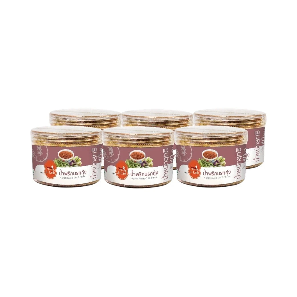 Six jars of J-LEK Shrimp Chili Paste in 40g plastic containers, featuring vibrant red chili and shrimp ingredients.