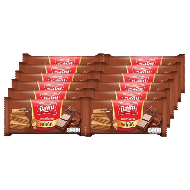 BISSIN Cocoa Flavor Wafer pack with 12 sachets, showing individually wrapped chocolate-flavored wafers in a 24g pack.