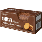 Annas Cappuccino Thins Biscuits, a pack of crunchy coffee-flavored confectionery snacks with a light, crispy texture.